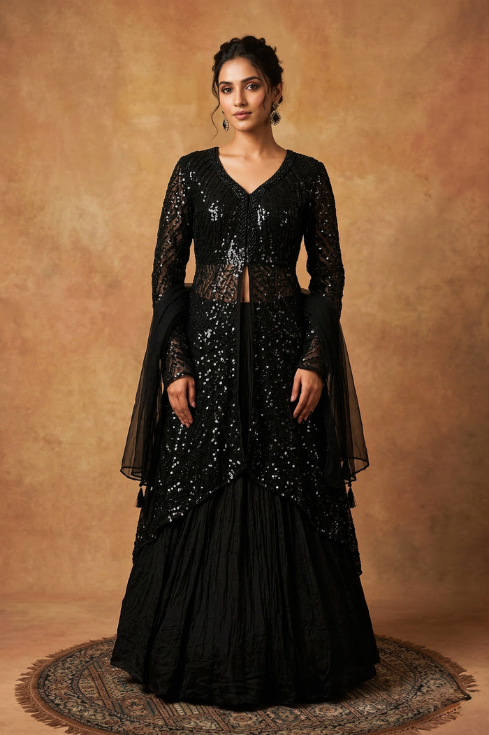 Black Net Embroidered Anarkali Set