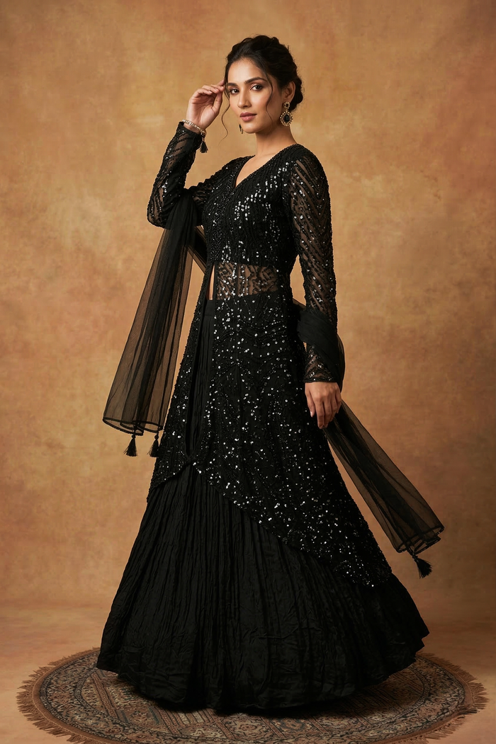 Black Net Embroidered Anarkali Set