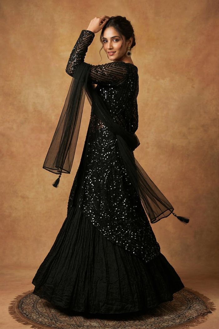 Black Net Embroidered Anarkali Set