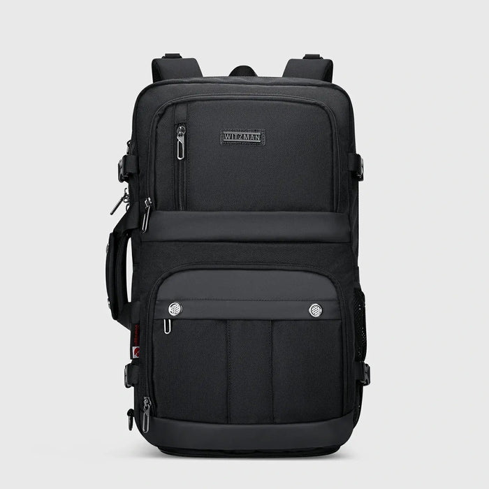 Black Nylon Travel Backpack for Men, three-quarter exterior angle