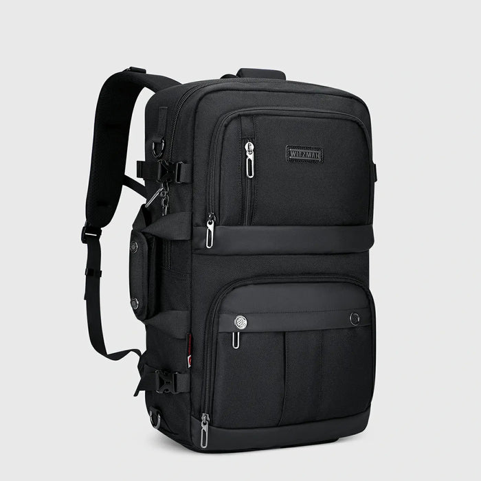 Black Nylon Travel Backpack for Men, front exterior and overall shape