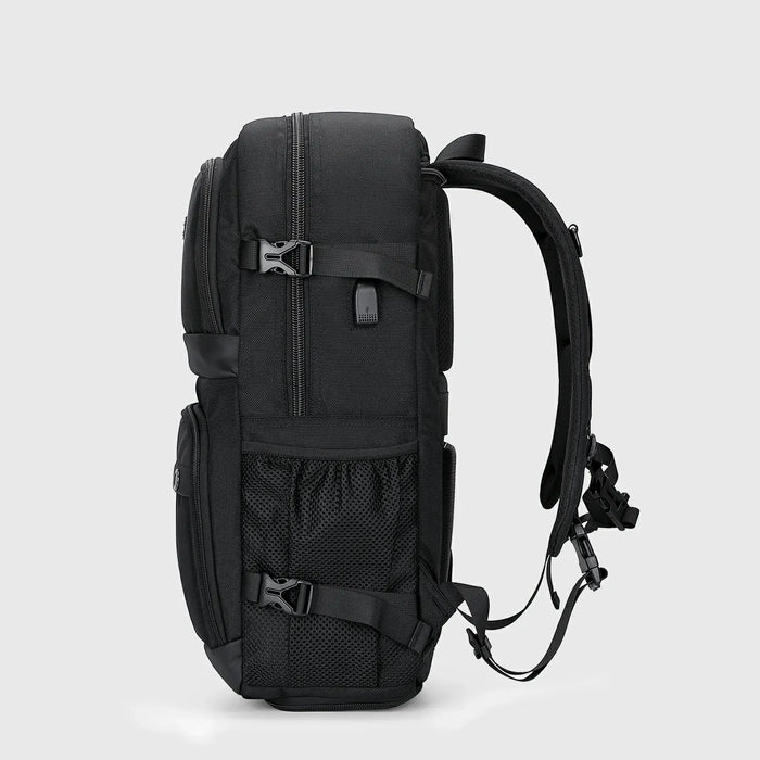 Black Nylon Travel Backpack for Men, side profile and carry-on size