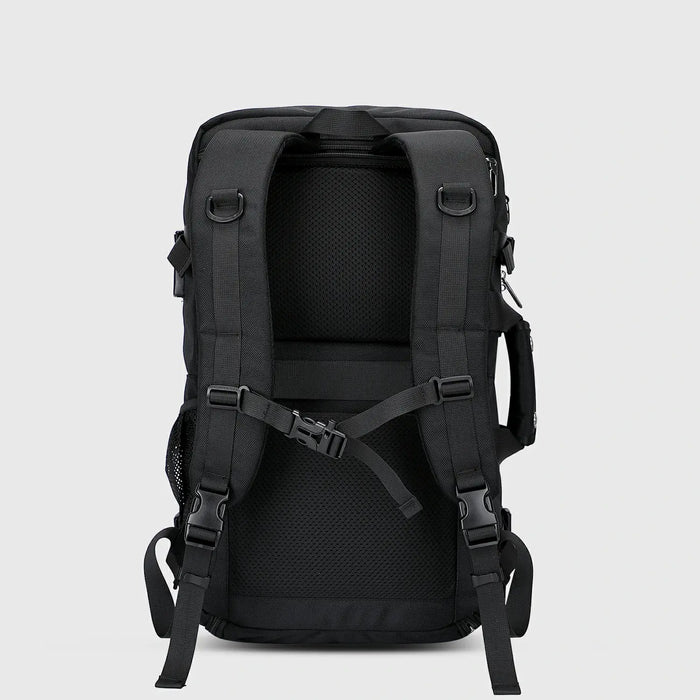 Black Nylon Travel Backpack for Men, rear panel and padded shoulder straps