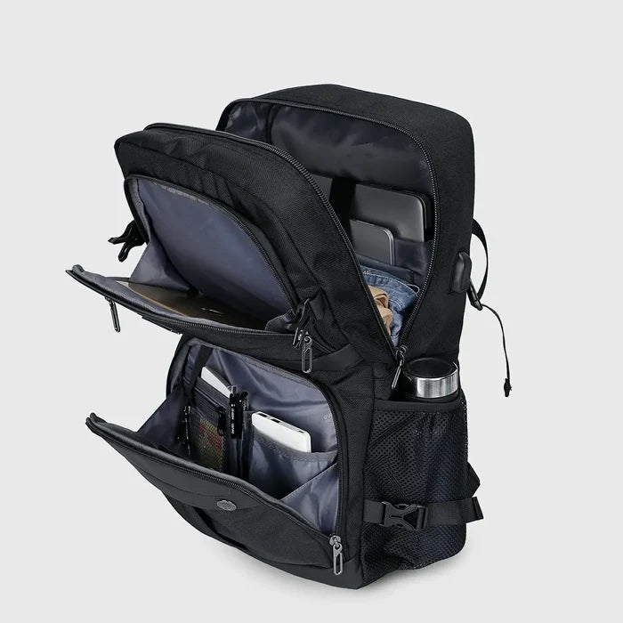 Black Nylon Travel Backpack for Men, side bottle pocket detail