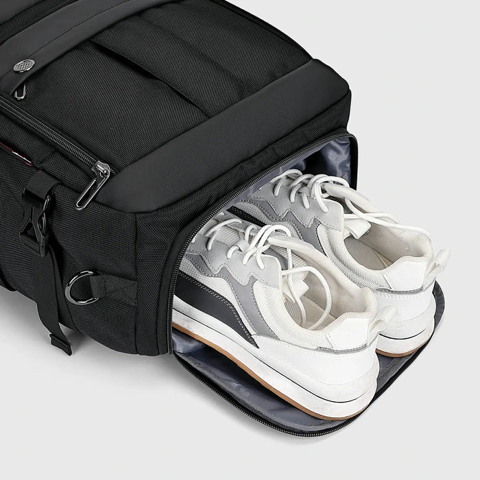 Black Nylon Travel Backpack for Men, carry handle detail