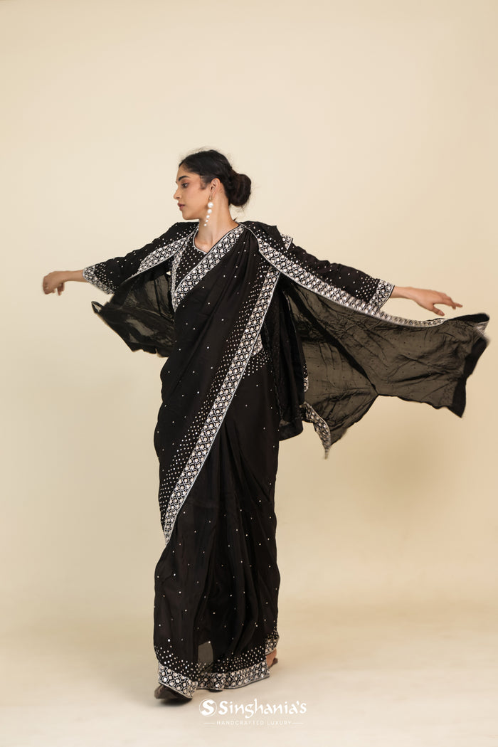 <img> Classic Black Organza Designer Saree With Floral Embroidery