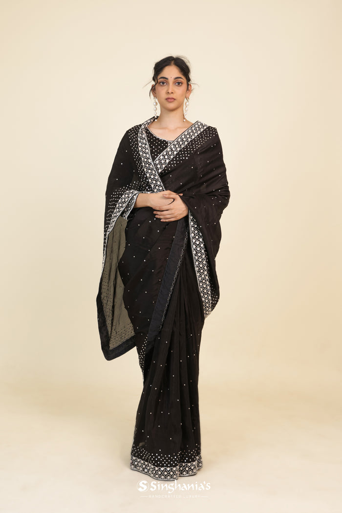 <img> Classic Black Organza Designer Saree With Floral Embroidery
