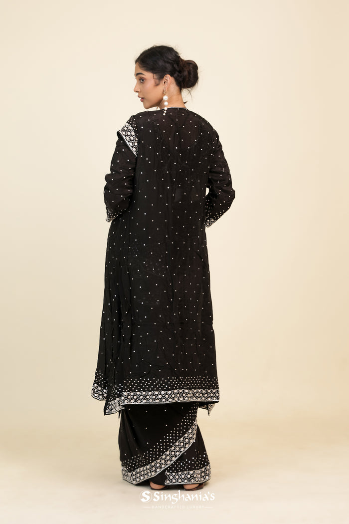 <img> Classic Black Organza Designer Saree With Floral Embroidery