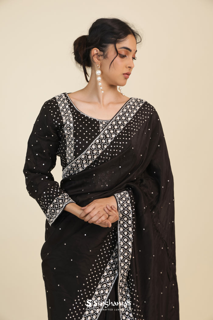 <img> Classic Black Organza Designer Saree With Floral Embroidery
