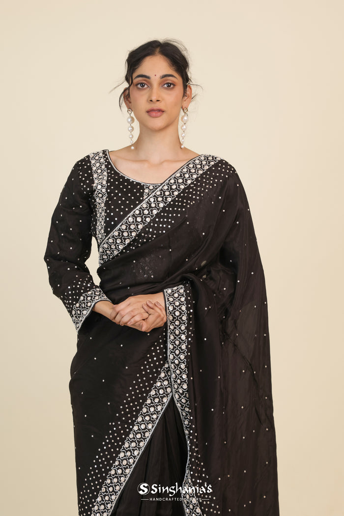 <img> Classic Black Organza Designer Saree With Floral Embroidery