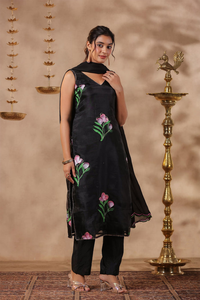 <img> Black Organza Floral Painted Kurti Set
