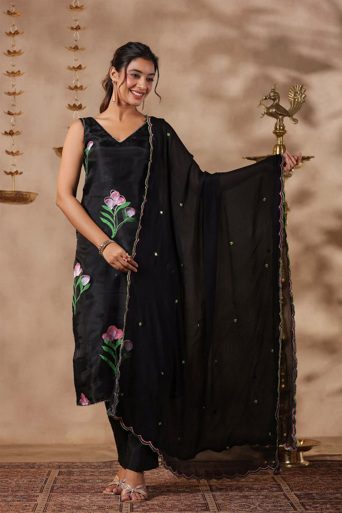 <img> Black Organza Floral Painted Kurti Set