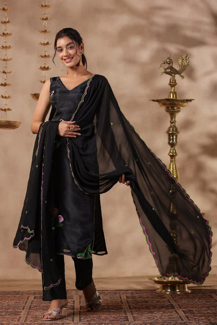 <img> Black Organza Floral Painted Kurti Set