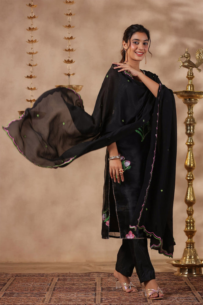 <img> Black Organza Floral Painted Kurti Set