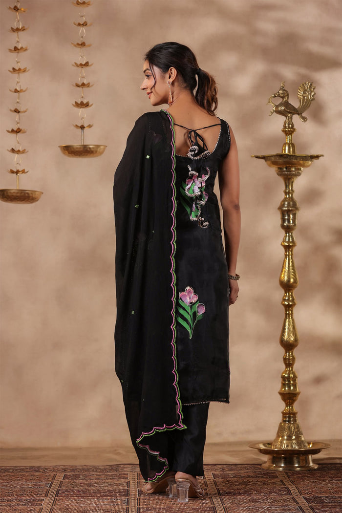<img> Black Organza Floral Painted Kurti Set
