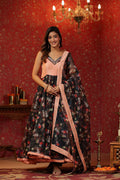 <img> Black Organza Floral Printed Anarkali Set