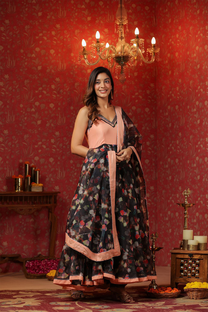 <img> Black Organza Floral Printed Anarkali Set