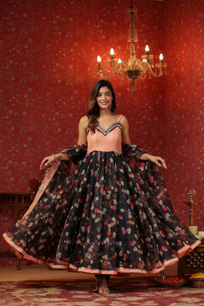 <img> Black Organza Floral Printed Anarkali Set