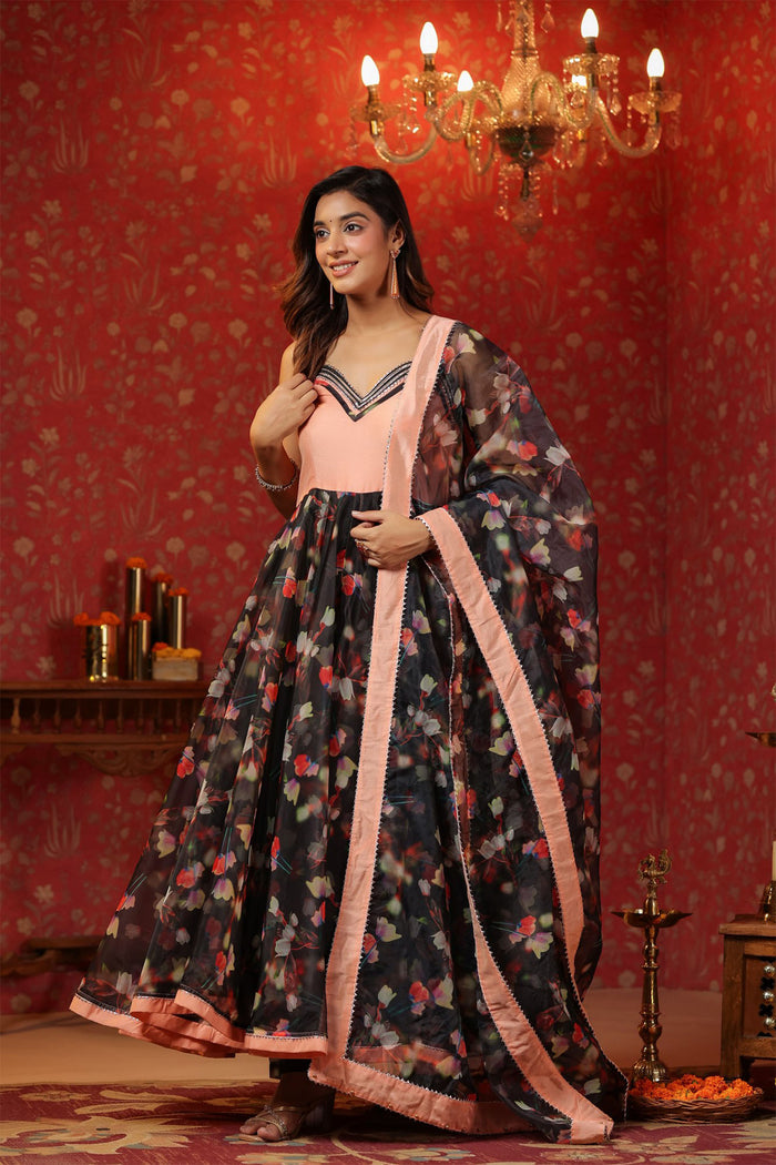 <img> Black Organza Floral Printed Anarkali Set