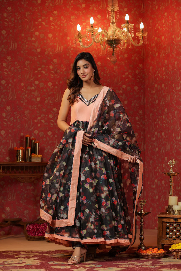<img> Black Organza Floral Printed Anarkali Set