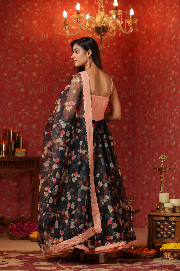 <img> Black Organza Floral Printed Anarkali Set