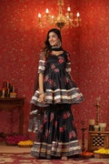 <img> Black Organza Floral Printed Gharara Set