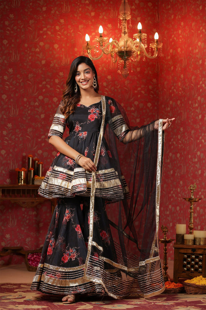 <img> Black Organza Floral Printed Gharara Set