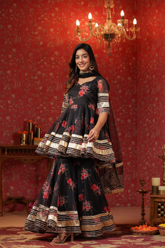 <img> Black Organza Floral Printed Gharara Set