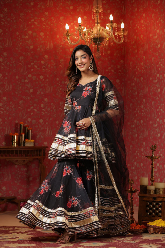 <img> Black Organza Floral Printed Gharara Set