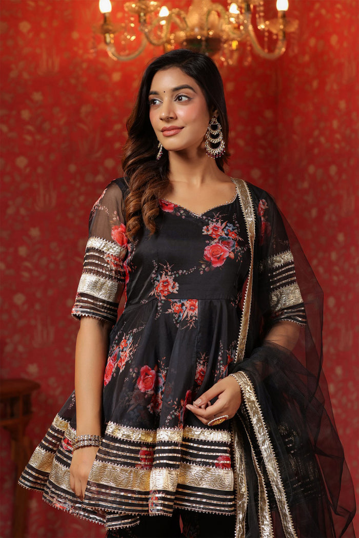 <img> Black Organza Floral Printed Gharara Set