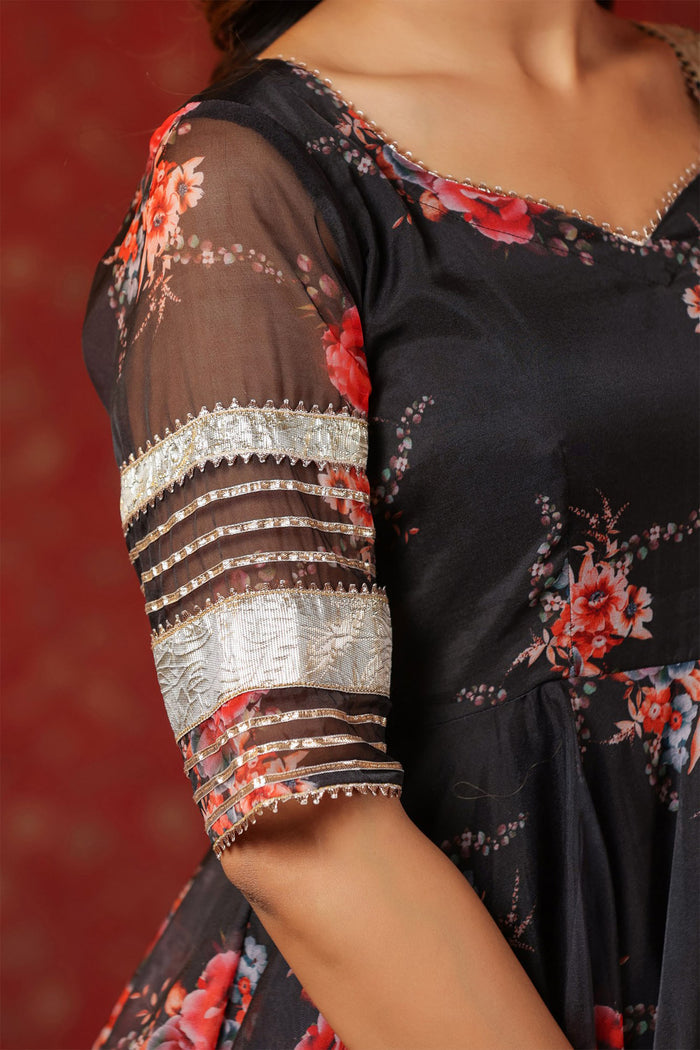 <img> Black Organza Floral Printed Gharara Set