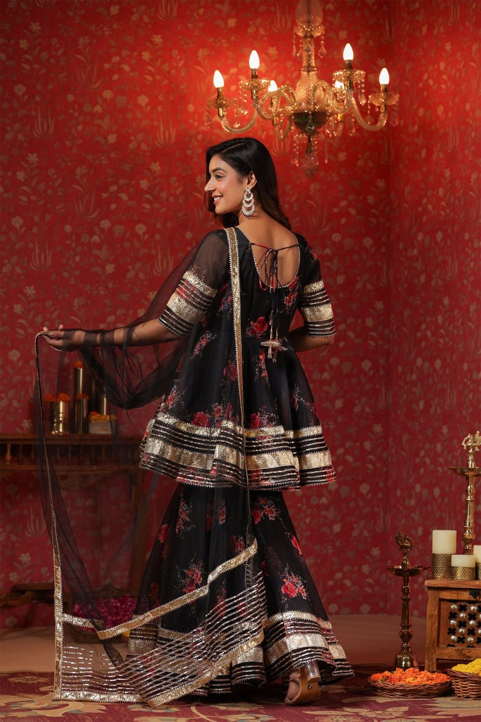 <img> Black Organza Floral Printed Gharara Set