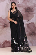 <img> black organza saree with embroidery work