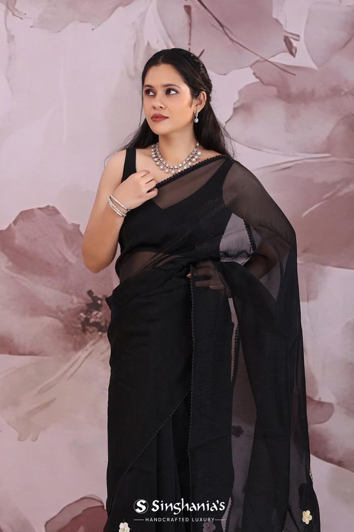 <img> black organza saree with embroidery work