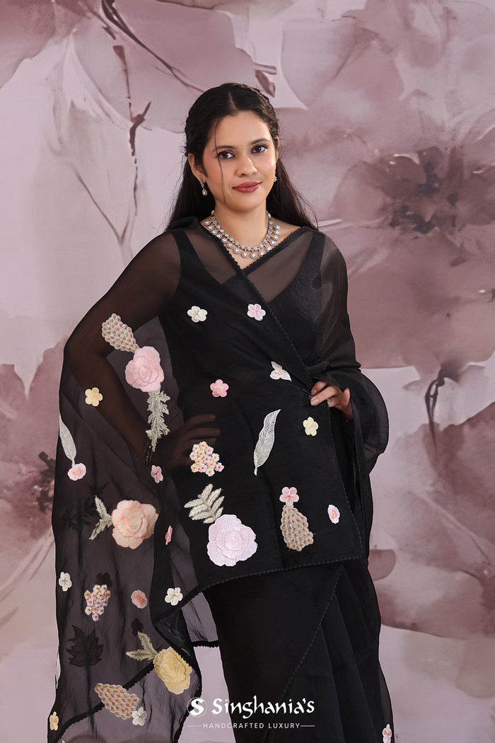 <img> black organza saree with embroidery work