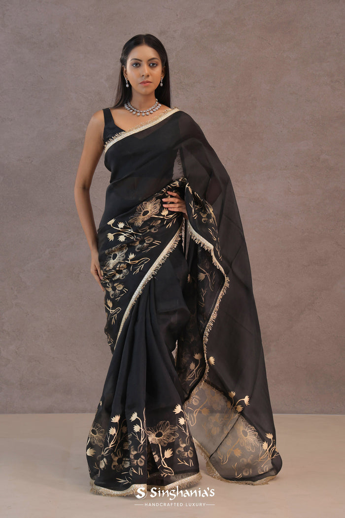 <img> Black Organza Saree With Foil Print
