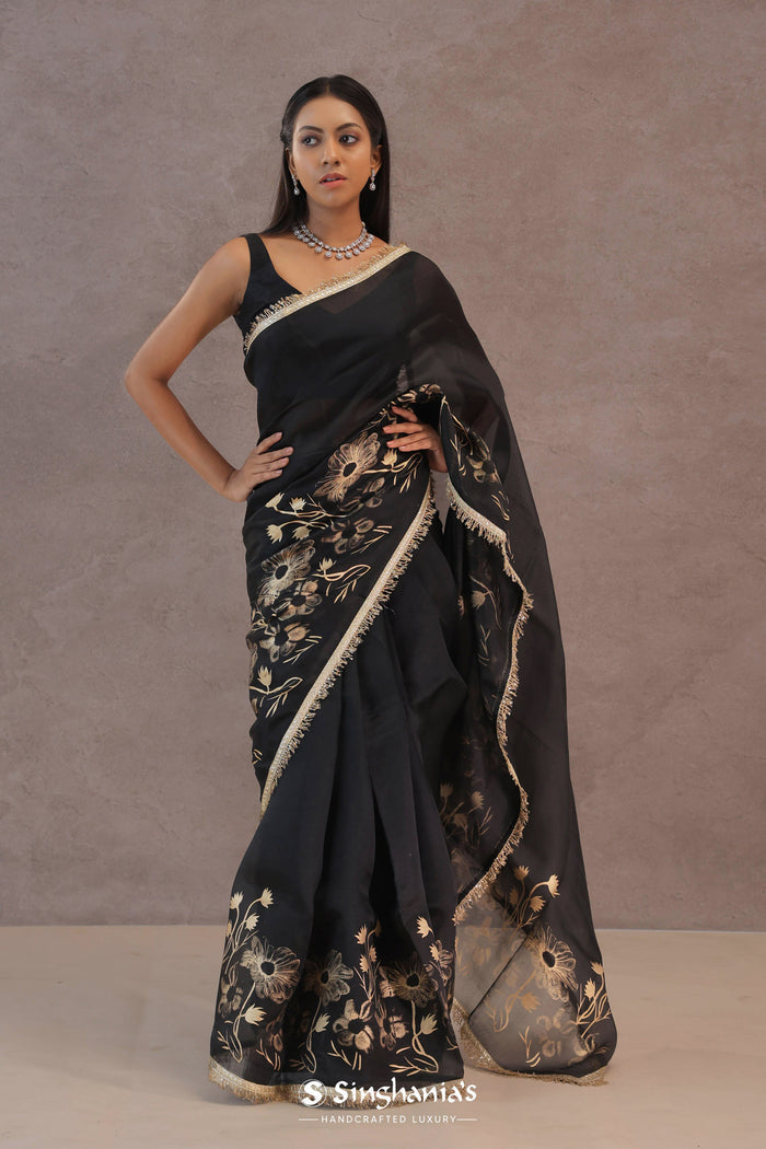 <img> Black Organza Saree With Foil Print