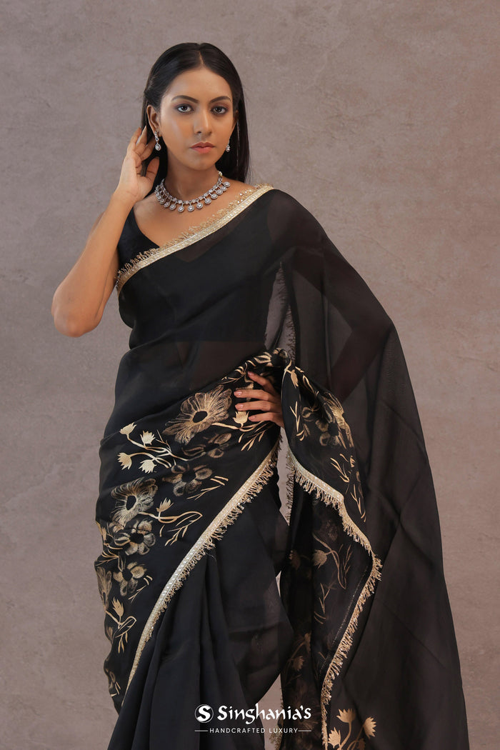 <img> Black Organza Saree With Foil Print