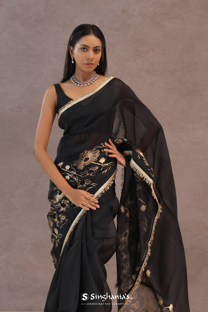 <img> Black Organza Saree With Foil Print
