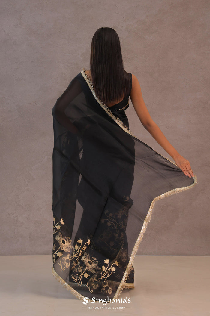 <img> Black Organza Saree With Foil Print