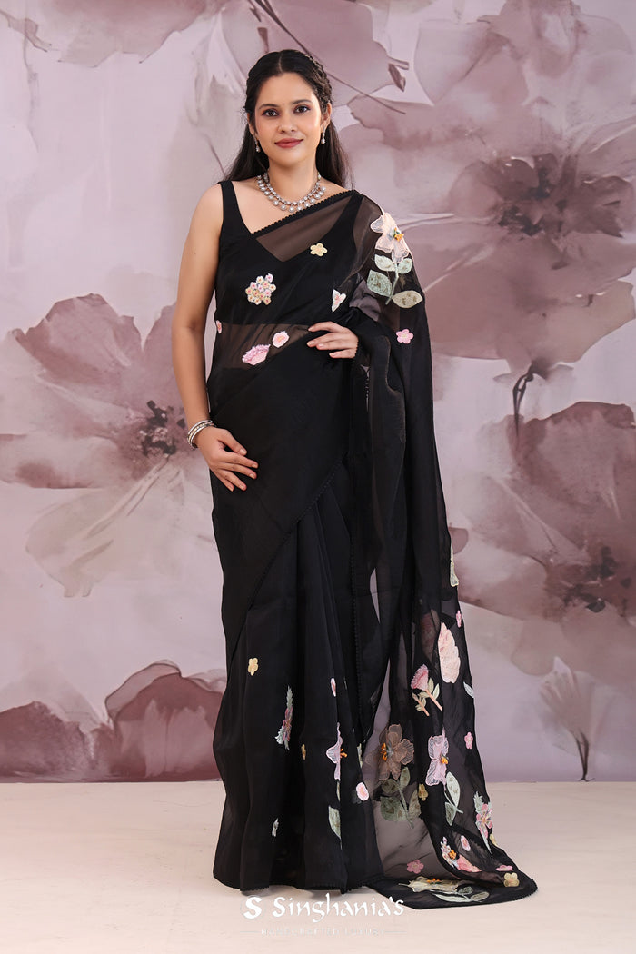 <img> black organza tissue saree with floral embroidery