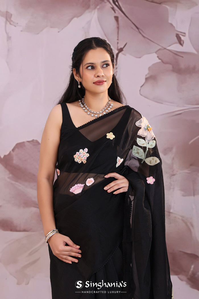 <img> black organza tissue saree with floral embroidery