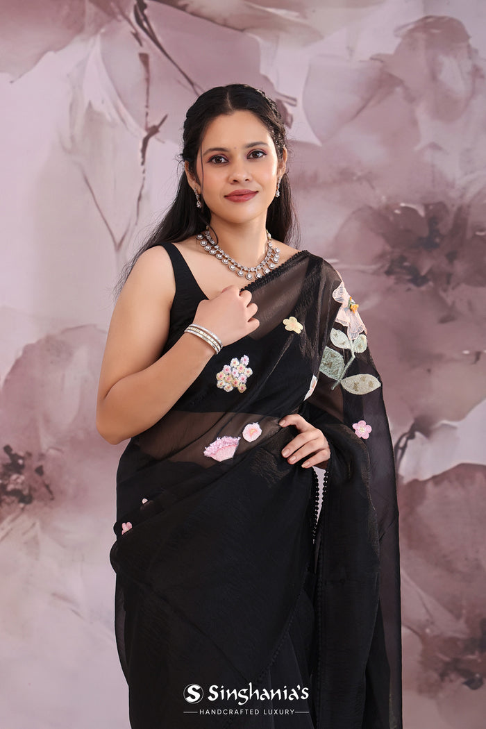 <img> black organza tissue saree with floral embroidery