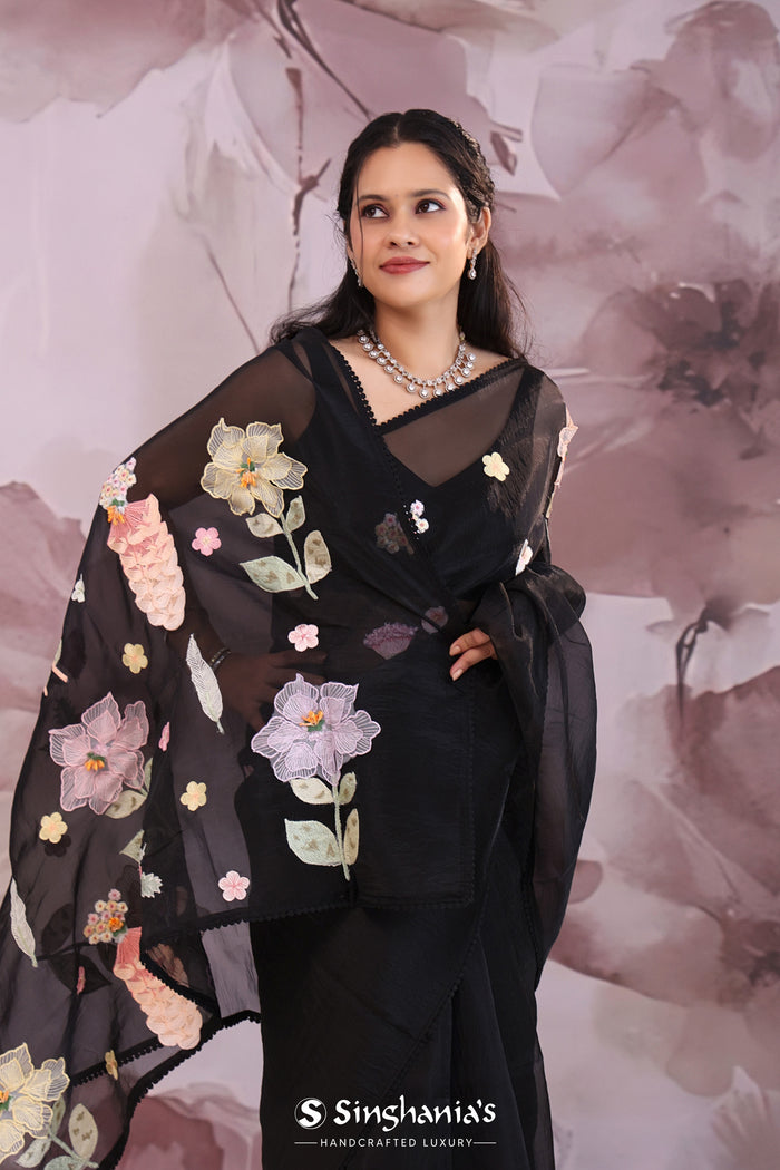 <img> black organza tissue saree with floral embroidery