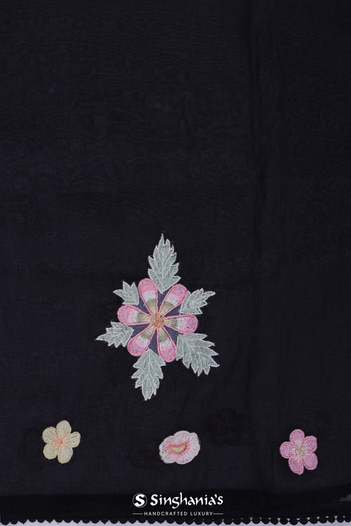 <img> black organza tissue saree with floral embroidery
