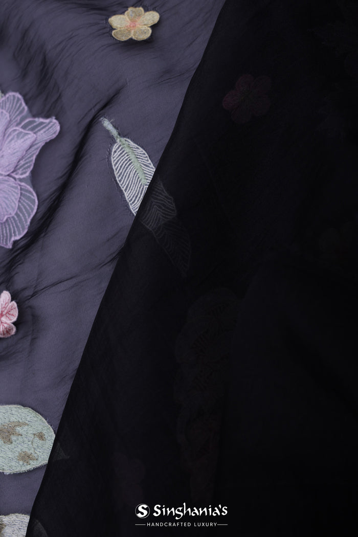 <img> black organza tissue saree with floral embroidery