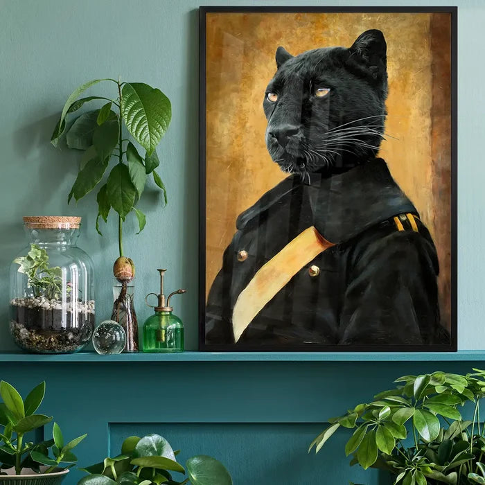 Black Panther Portrait Print, quirky altered art print black framed on a living room shelf