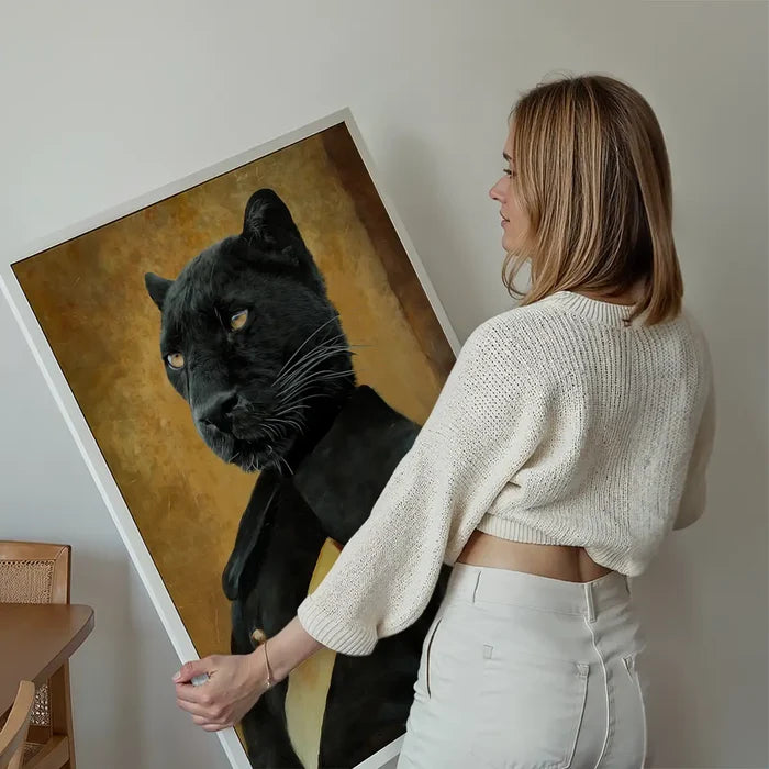 Black Panther Portrait Print held up against a living room wall