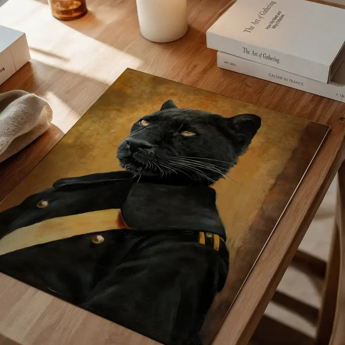 Black Panther Portrait Print, quirky altered art print unframed on a home office desk
