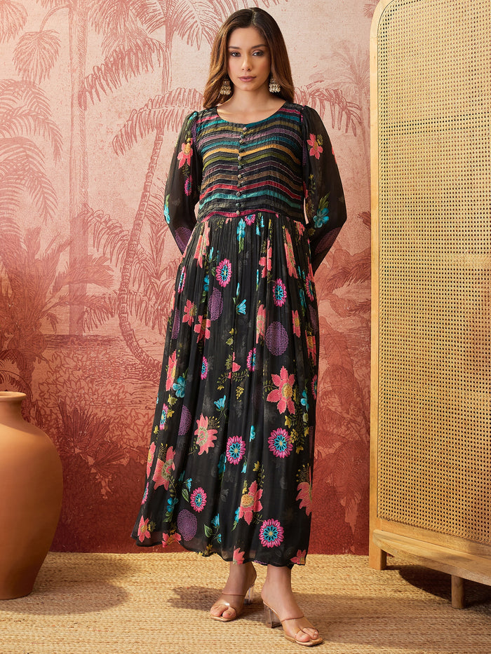 Black Printed Crepe Dress Set